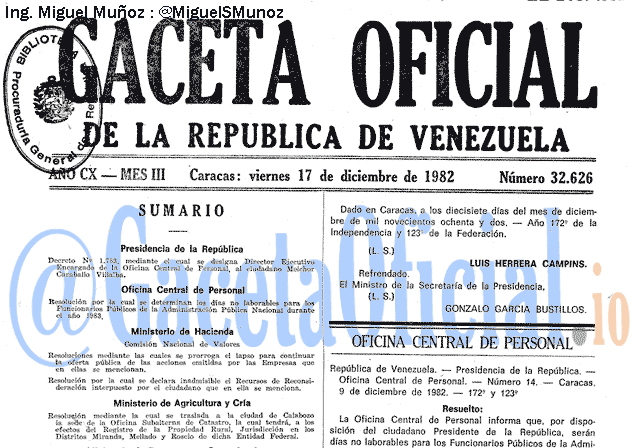 Gaceta Oficial 32626 del 17 Diciembre 1982
