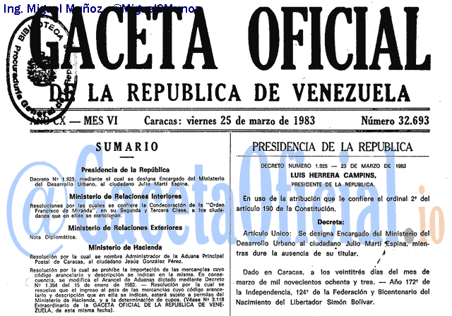 Gaceta Oficial 32693 del 25 Marzo 1983