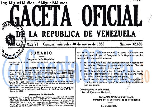 Gaceta Oficial 32696 del 30 Marzo 1983