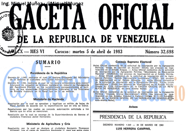 Gaceta Oficial 32698 del 5 Abril 1983
