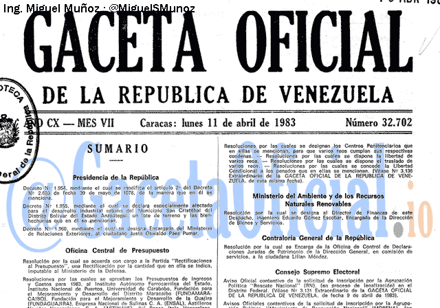 Gaceta Oficial 32702 del 11 Abril 1983