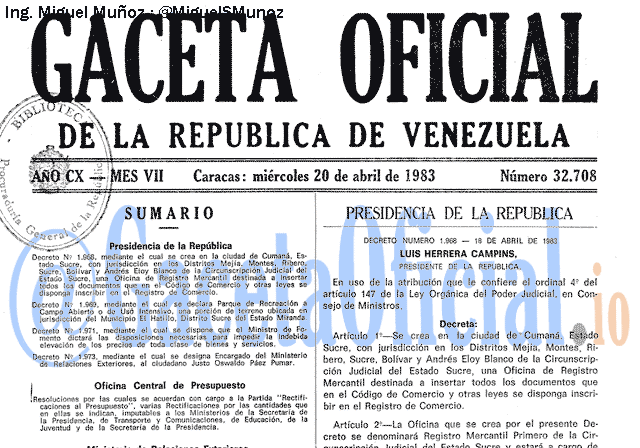 Gaceta Oficial 32708 del 20 Abril 1983