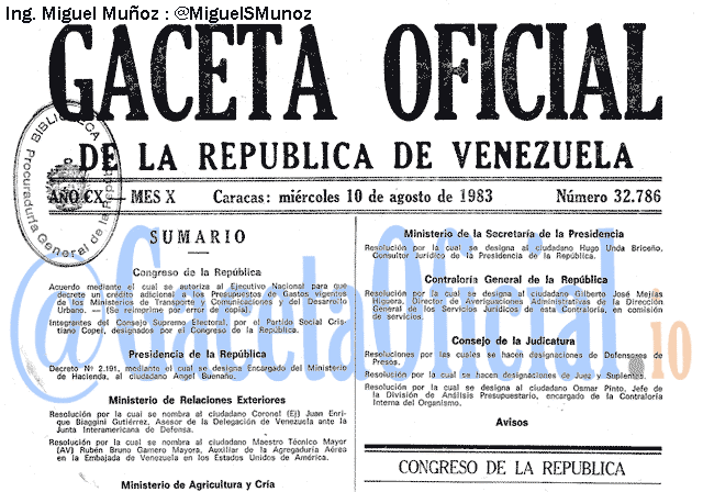 Gaceta Oficial 32786 del 10 Agosto 1983