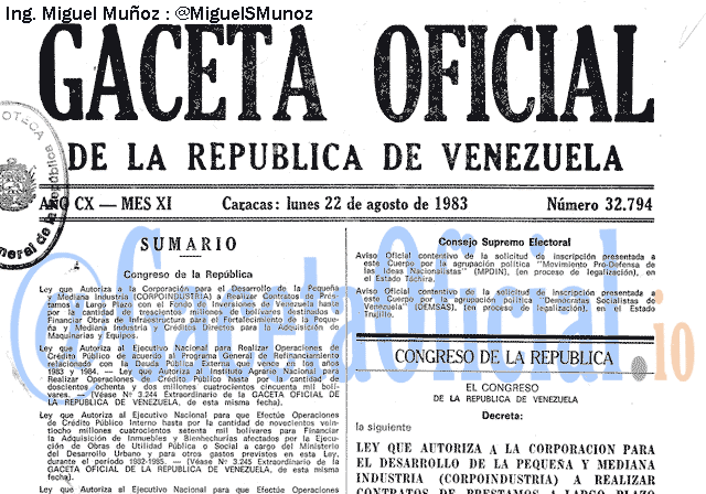 Gaceta Oficial 32794 del 22 Agosto 1983