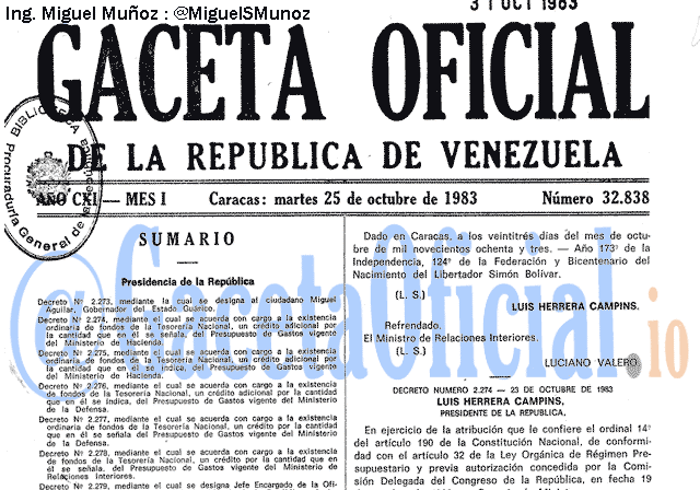 Gaceta Oficial 32838 del 25 Octubre 1983