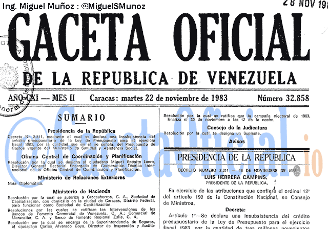 Gaceta Oficial 32858 del 22 Noviembre 1983