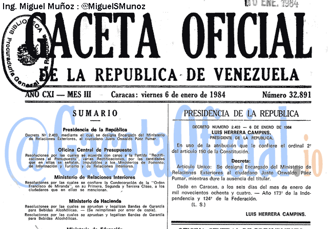 Gaceta Oficial 32891 del 6 Enero 1984