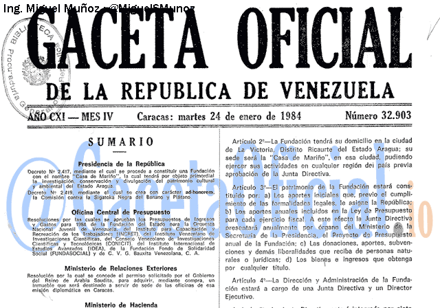 Gaceta Oficial 32903 del 24 Enero 1984