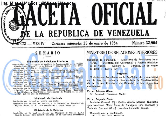 Gaceta Oficial 32904 del 25 Enero 1984
