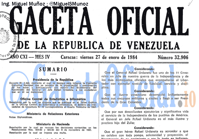 Gaceta Oficial 32906 del 27 Enero 1984