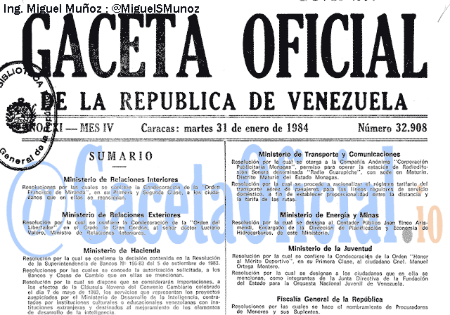 Gaceta Oficial 32908 del 31 Enero 1984