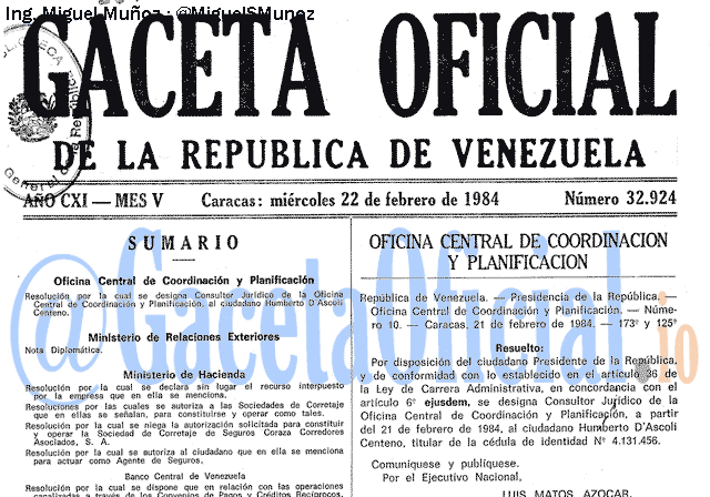 Gaceta Oficial 32924 del 22 Febrero 1984