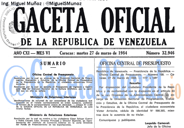 Gaceta Oficial 32946 del 27 Marzo 1984