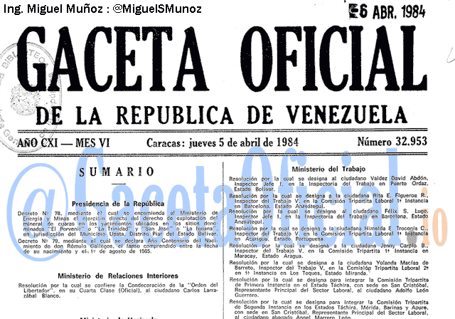 Gaceta Oficial 32953 del 5 Abril 1984