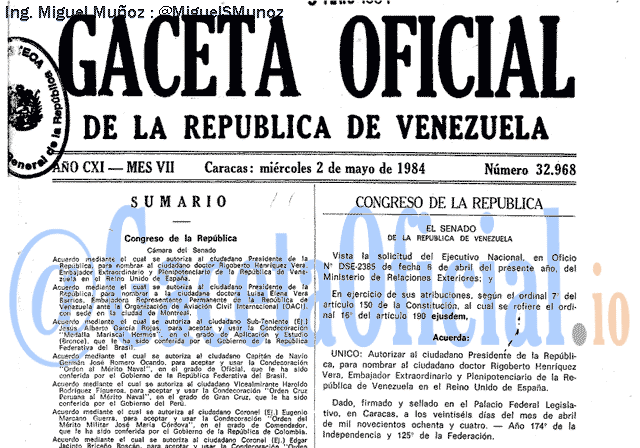 Gaceta Oficial 32968 del 2 Mayo 1984