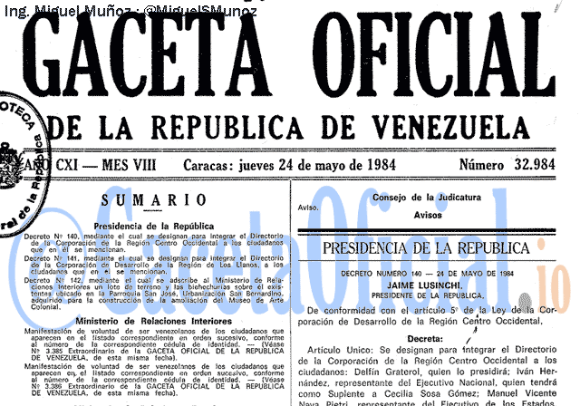 Gaceta Oficial 32984 del 24 Mayo 1984
