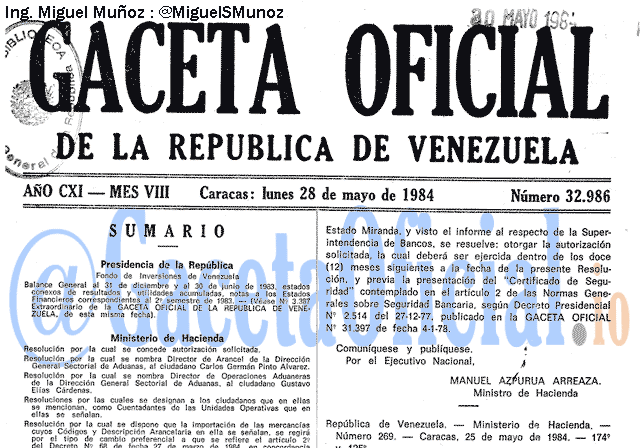 Gaceta Oficial 32986 del 28 Mayo 1984