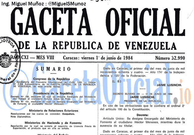 Gaceta Oficial 32990 del 1 Junio 1984