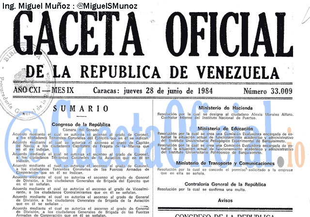 Gaceta Oficial 33009 del 28 Junio 1984