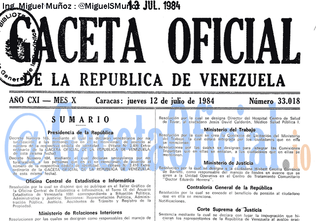 Gaceta Oficial 33018 del 12 Julio 1984