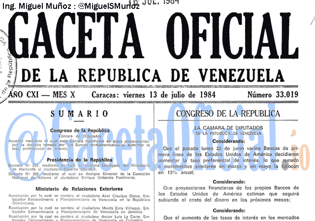 Gaceta Oficial 33019 del 13 Julio 1984