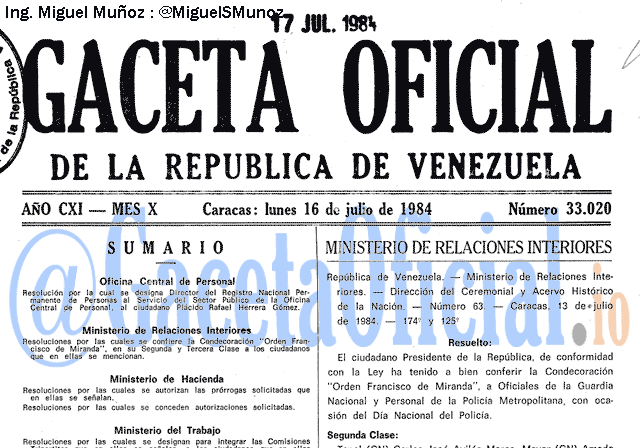 Gaceta Oficial 33020 del 16 Julio 1984