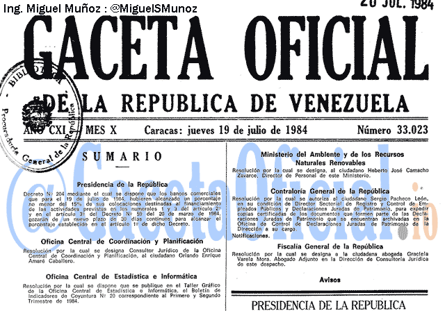 Gaceta Oficial 33023 del 19 Julio 1984