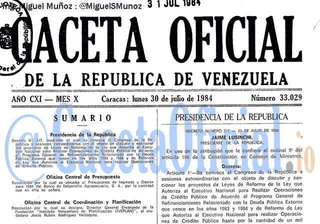 Gaceta Oficial 33029 del 30 Julio 1984