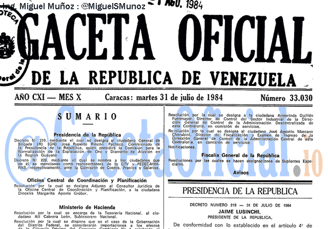 Gaceta Oficial 33030 del 31 Julio 1984