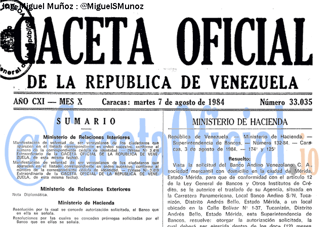 Gaceta Oficial 33035 del 7 Agosto 1984