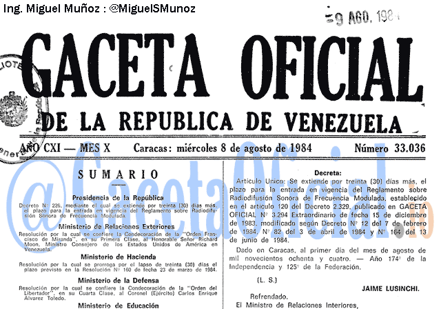 Gaceta Oficial 33036 del 8 Agosto 1984