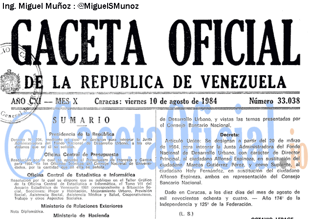 Gaceta Oficial 33038 del 10 Agosto 1984