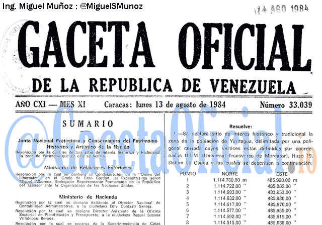 Gaceta Oficial 33039 del 13 Agosto 1984