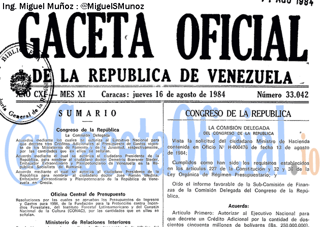 Gaceta Oficial 33042 del 16 Agosto 1984