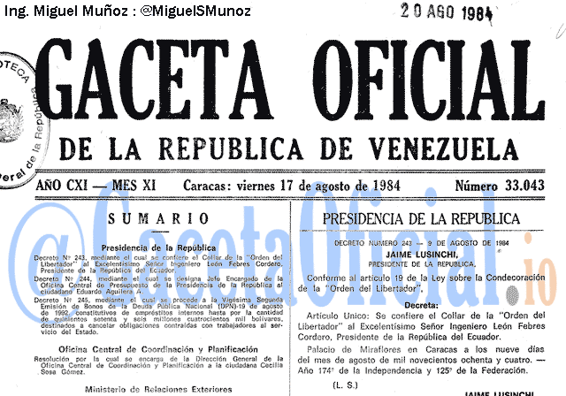 Gaceta Oficial 33043 del 17 Agosto 1984