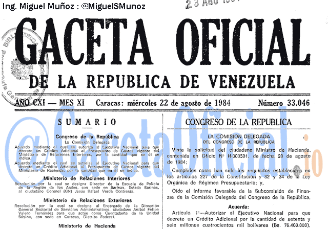 Gaceta Oficial 33046 del 22 Agosto 1984