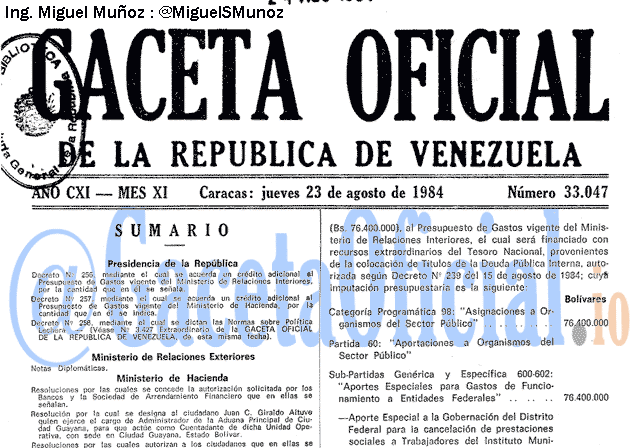 Gaceta Oficial 33047 del 23 Agosto 1984