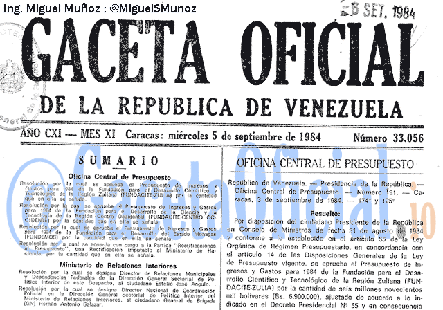 Gaceta Oficial 33056 del 5 Septiembre 1984