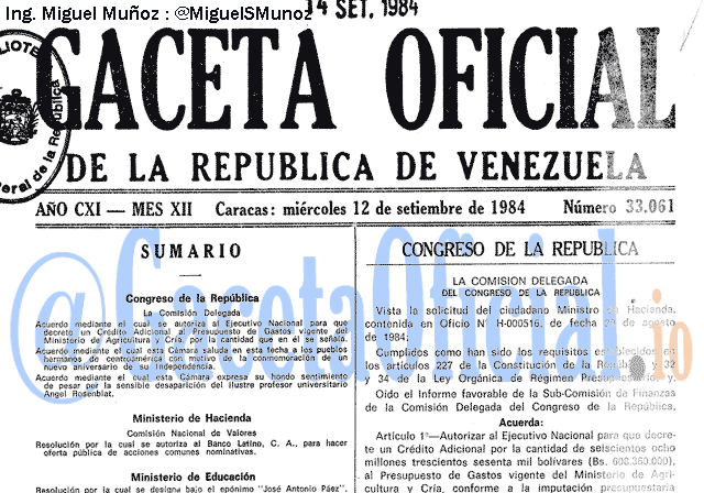 Gaceta Oficial 33061 del 12 Septiembre 1984