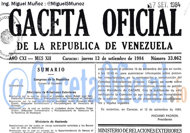 Gaceta Oficial 33062 del 13 Septiembre 1984