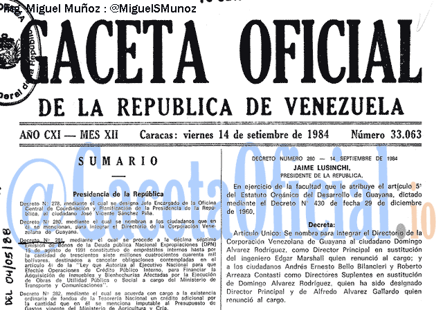 Gaceta Oficial 33063 del 14 Septiembre 1984