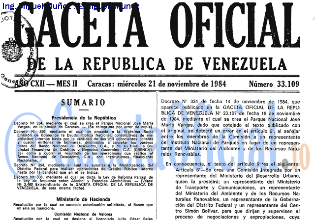 Gaceta Oficial 33109 del 21 Noviembre 1984