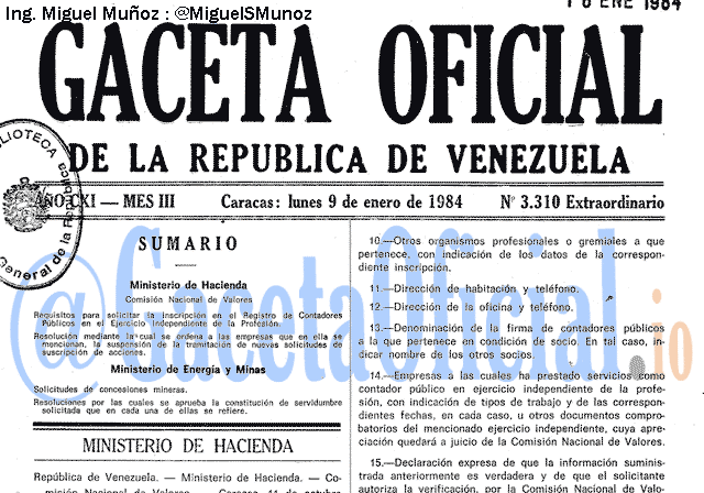 Gaceta Oficial 3310 del 9 Enero 1984