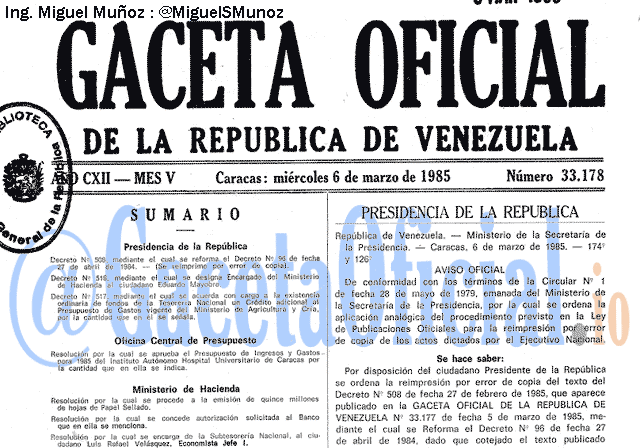 Gaceta Oficial 33178 del 6 Marzo 1985