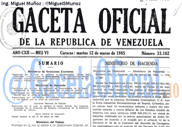 Gaceta Oficial 33182 del 12 Marzo 1985