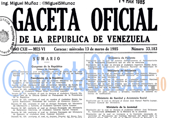 Gaceta Oficial 33183 del 13 Marzo 1985