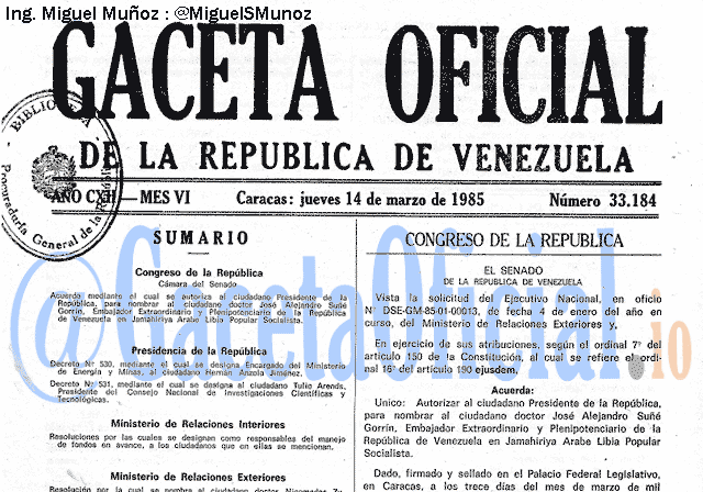 Gaceta Oficial 33184 del 14 Marzo 1985