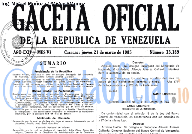 Gaceta Oficial 33189 del 21 Marzo 1985