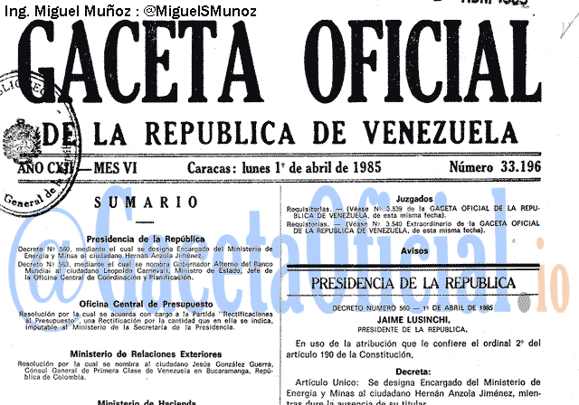Gaceta Oficial 33196 del 1 Abril 1985