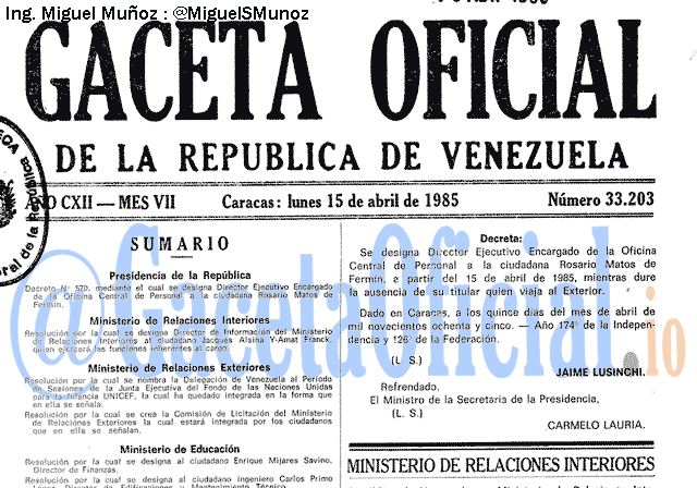 Gaceta Oficial 33203 del 15 Abril 1985